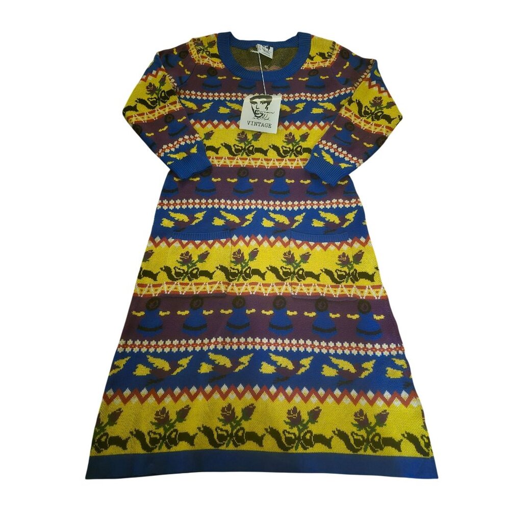 Betsey Johnson Vintage Knit Sweater Dress Folk Art Pattern Yellow/Blue/Purple S